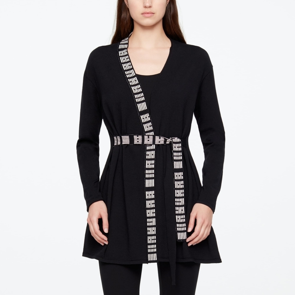 Sarah Pacini wool Long Sleeve Yi Jing Hexagrams waist tie cardigan Made in Italy